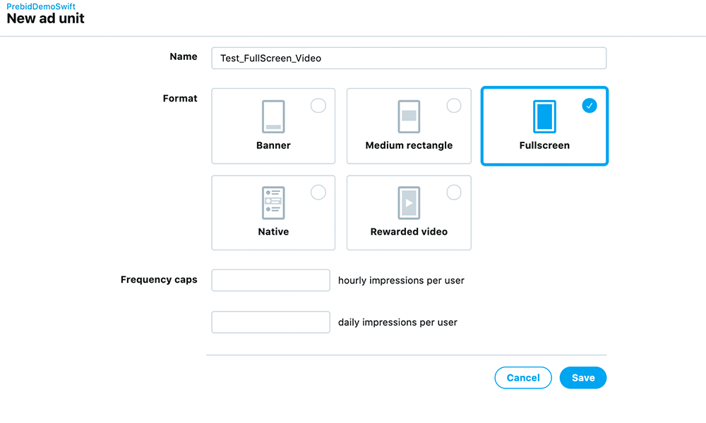 Under New ad unit, select Fullscreen.